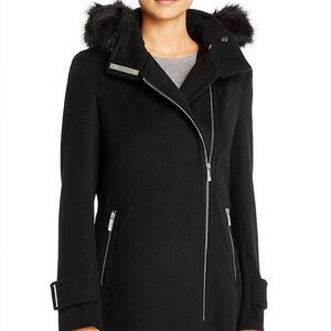 Calvin Klein Black Wool Blend Winter Coat With Faux Food Trimmed Hood